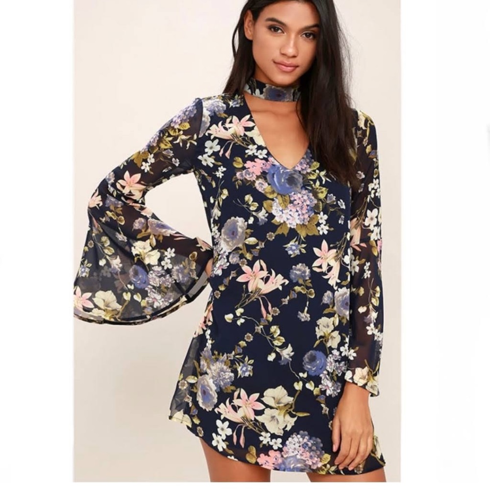 Lulu's Large FLoral Navy Mini Dress Bell Sleeves Neck Collar Large
